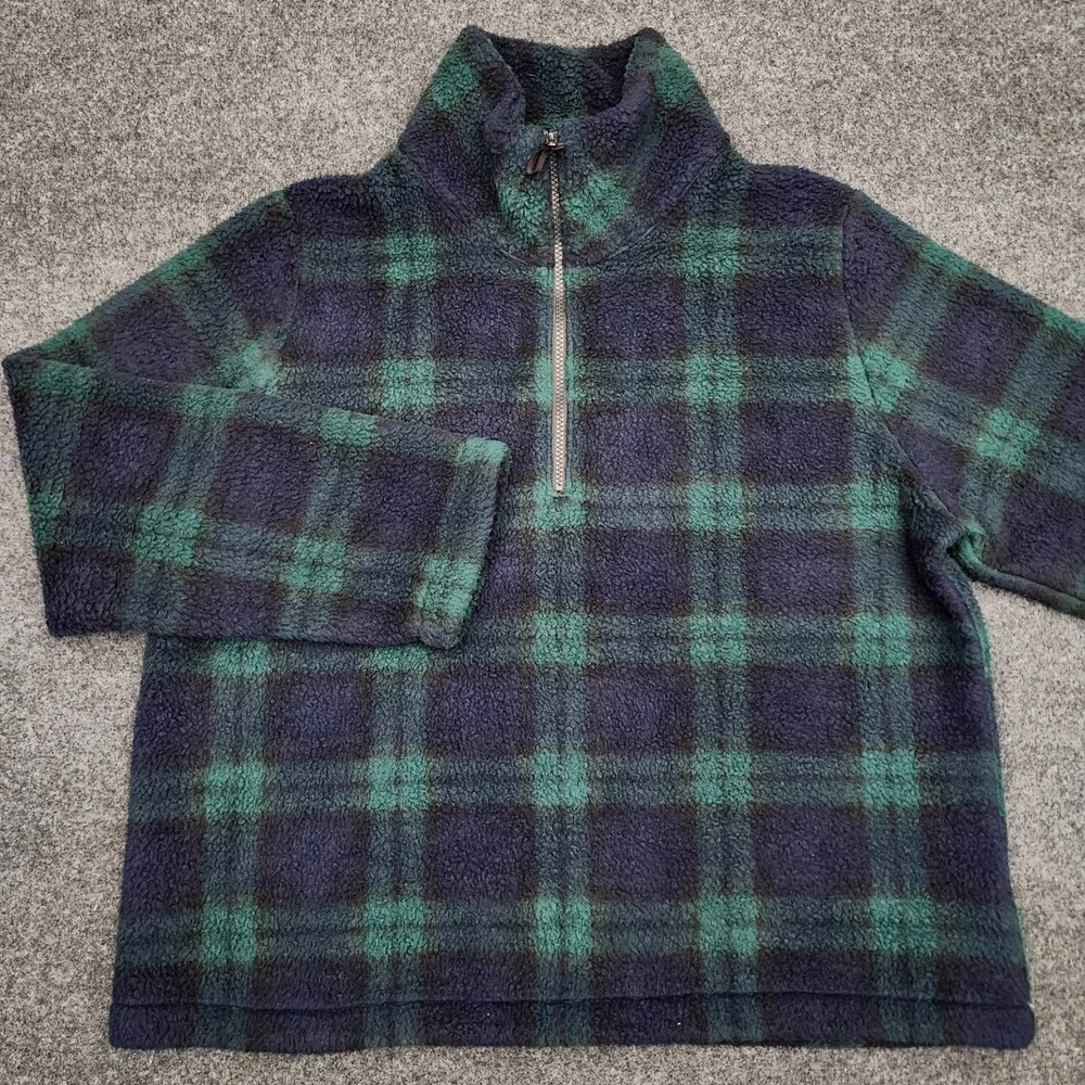 J. Crew Mens XL Green Navy‎ Blackwatch Plaid Quarter Zip Fleece Jacket Heritage